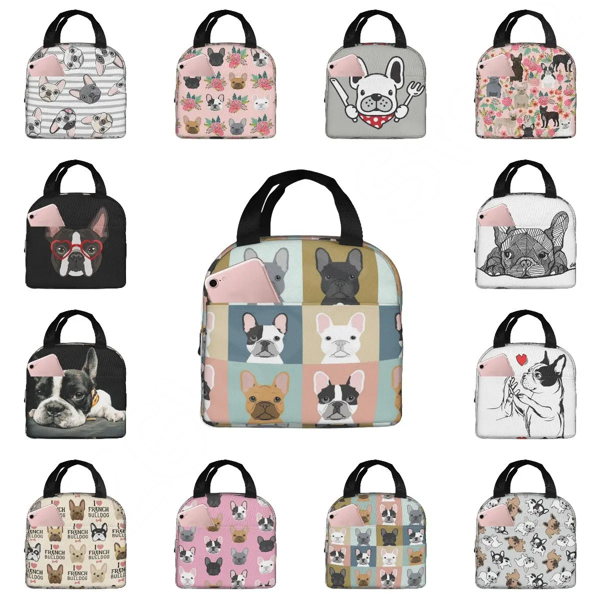 

French Bulldogs Dog Insulated Lunch Bag for Women Men and Kids Large and Reusable Handle Freezable Work School Travel Tote Bags