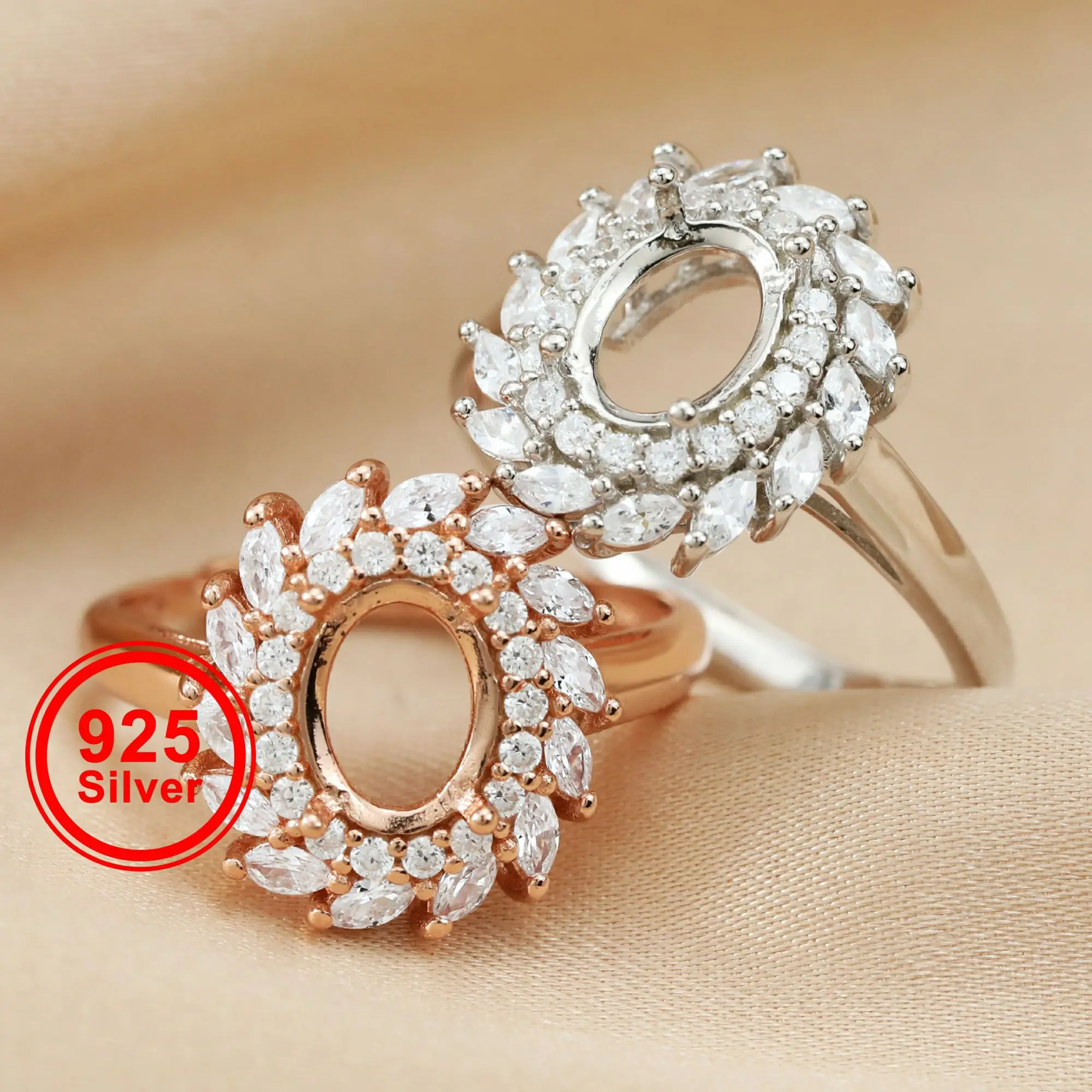 

6x8MM Oval Double Halo Flower Pave CZ Stone Rose Gold Plated Solid 925 Sterling Silver Adjustable Prong Ring Setting 1224030