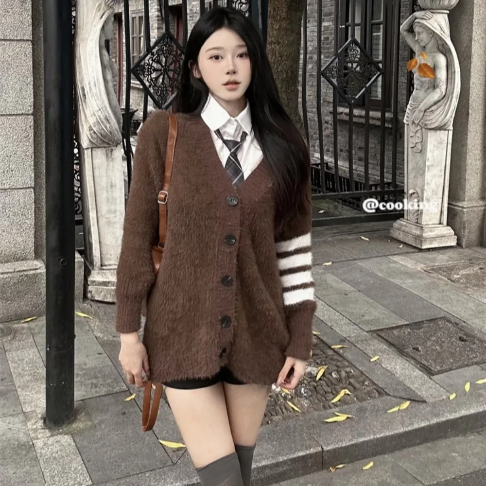 

Вязаный кардиган из искусственной норки на флисе, Женский универсальный свободный и приталенный свитер для ранней осени, Трендовое пальто