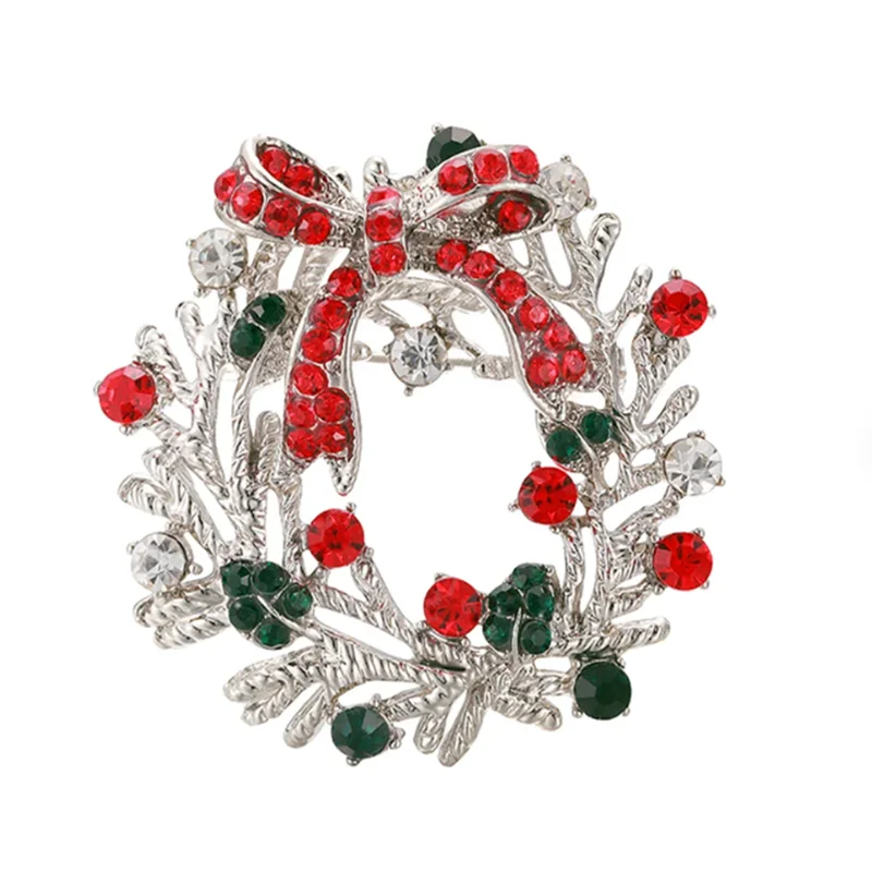 

Colorful Christmas Wreath Brooch Pin with Gift Bag Tree Ornaments Wreath Jewelry Gold Rhinestone Vintage Bright Circle Gorgeous!