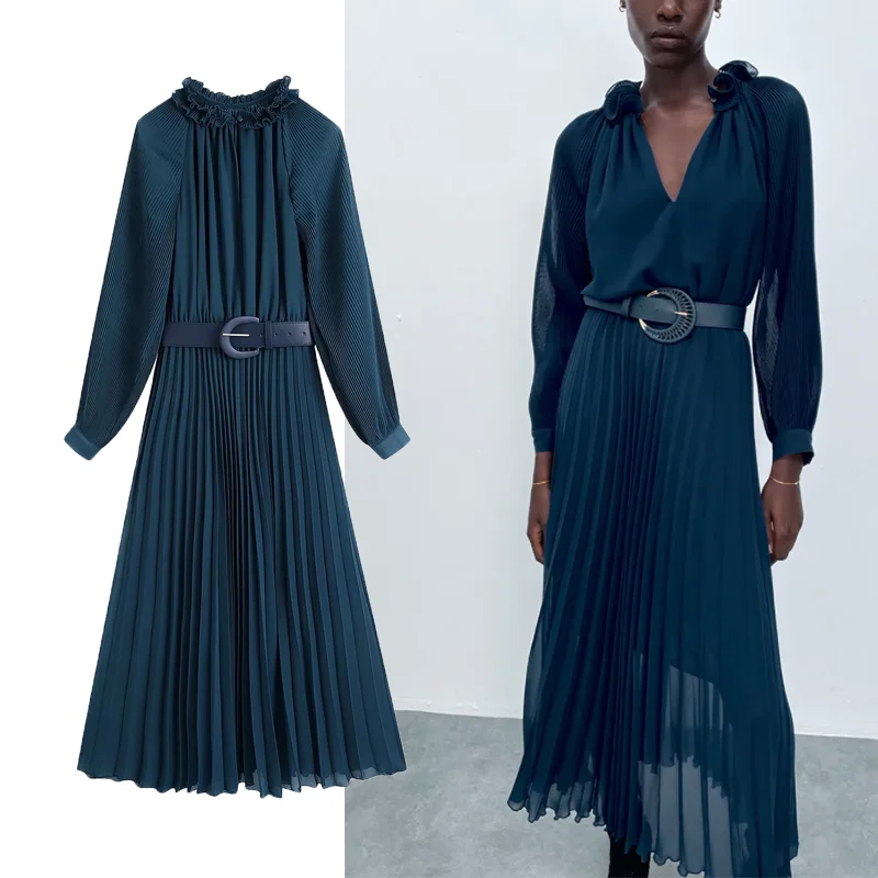 

Женское длинное платье-трапеция ZA, однотонное вечерние тное праздничное платье-трапеция с оборками на воротнике и длинным рукавом, весна-ле...