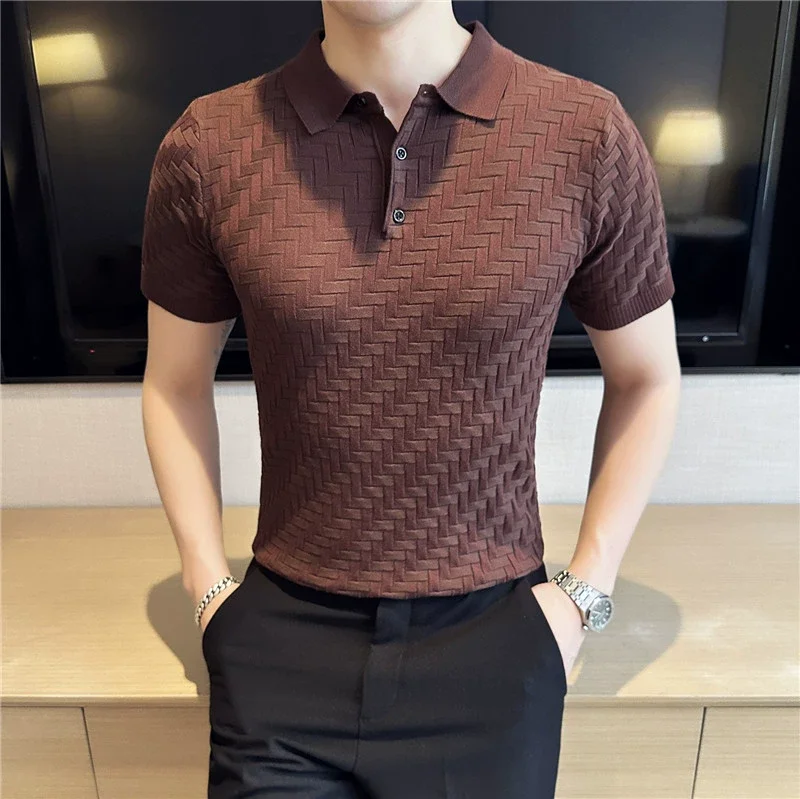 

Summer polo shirt men 2023 new Ice Silk Thin Plaid Knitted Polo Collar Short Sleeve Tops&Tees Business casual Slim lapel T-shirt
