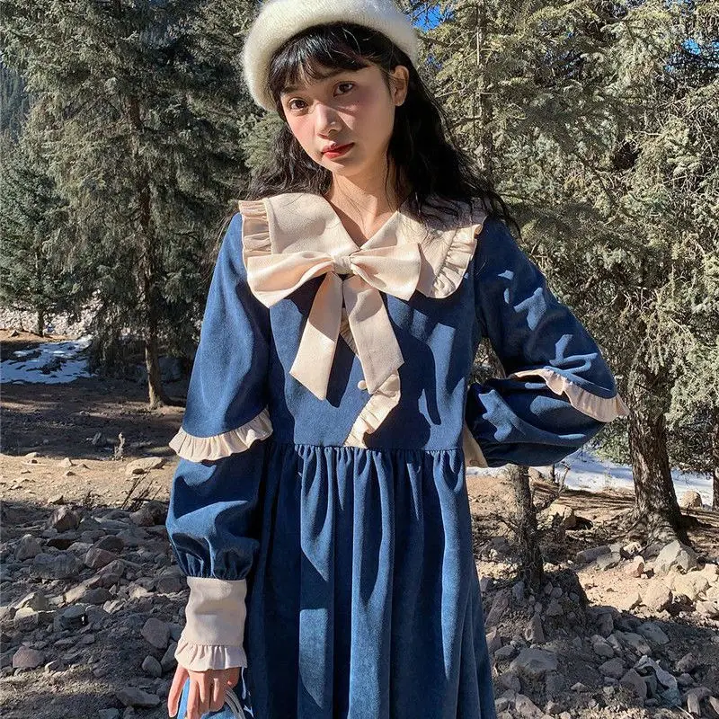 

Japan Style Vintage Dress Women New Sweet Patchwork Peter Pan Collar Bow Basics A-line Loose Lace-up High Waist Dress