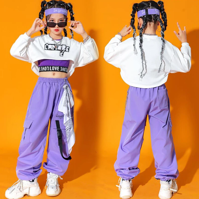 Kids Teen Kpop Outfits Clothing for Girls Sweatshirt Crop Top Long Sleeve Shirt Tank Cargo Pants Child Dance Hip Hop Costume images - 6