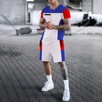 summer splicing color tracksuits for men fitness round neck t shirt and sports drawstring shorts running two piece sets