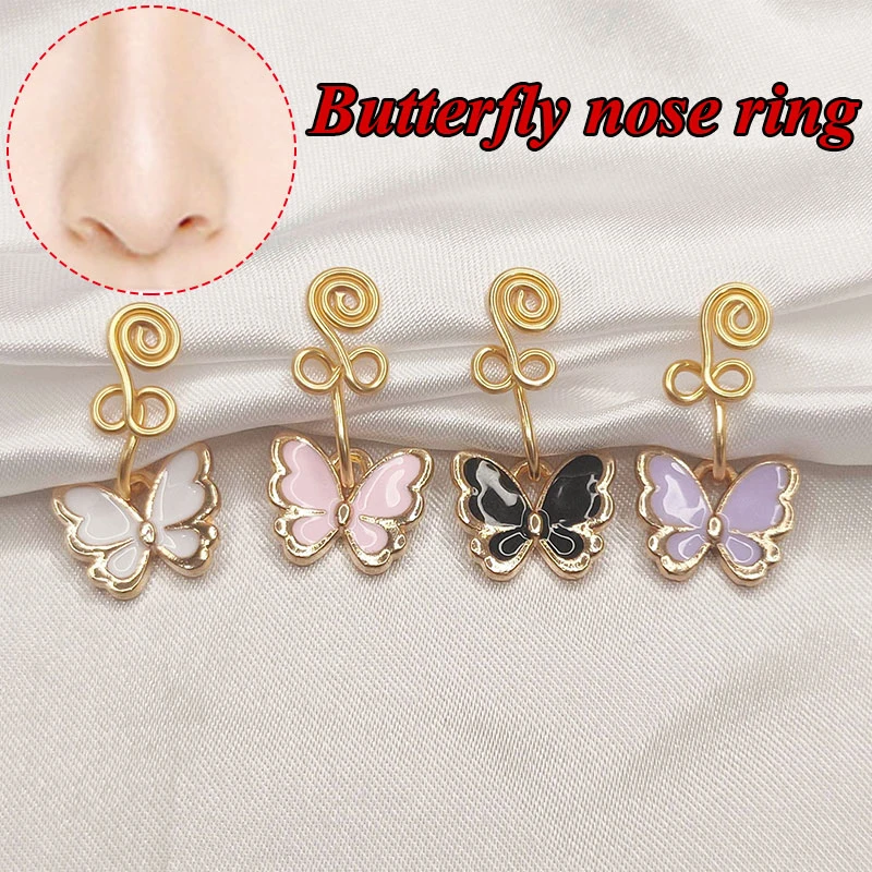 

1Pc Goth Butterfly Copper Wire Spiral Fake Piercing Nose Ring Punk Gold Color Clip Nose Ring Ear Clip Cuff Body Jewelry