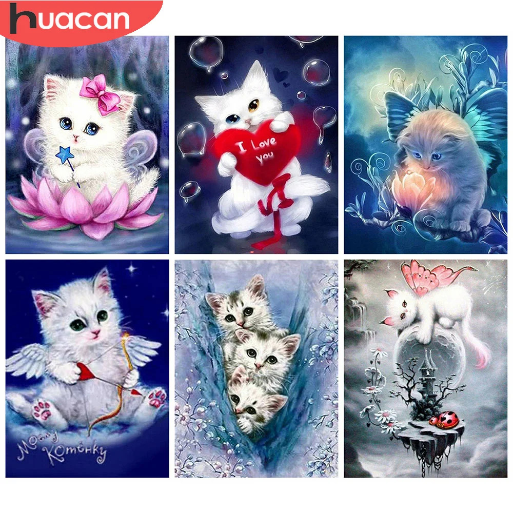 

Набор для алмазной вышивки HUACAN, картина из квадратных и круглых страз с мультяшными рисунками кошки, мозаика с животными, украшение для стен...