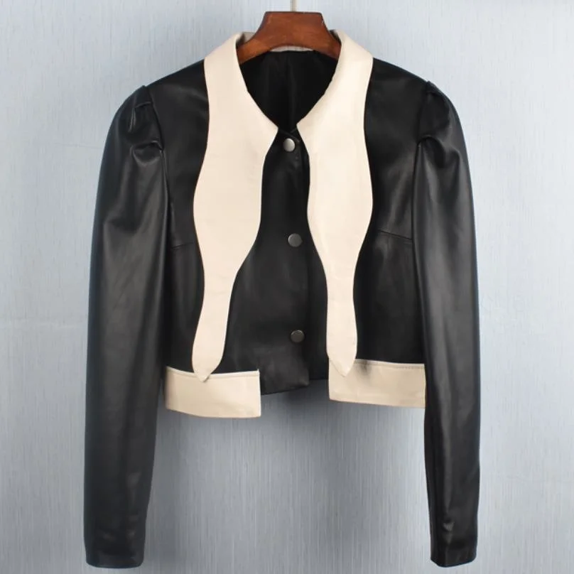 Leather Autumn Genuine Jacket Real Women Fashion Turndown Collar Contrast Color Puff Sleeve Short Sheepskin Jacket Female Y3076