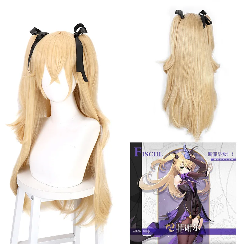 

Genshin Impact Fischl Wig Cosplay Blonde Twin Curly Ponytails Golden Straight Heat Resistant Hair Adult Halloween Role Play