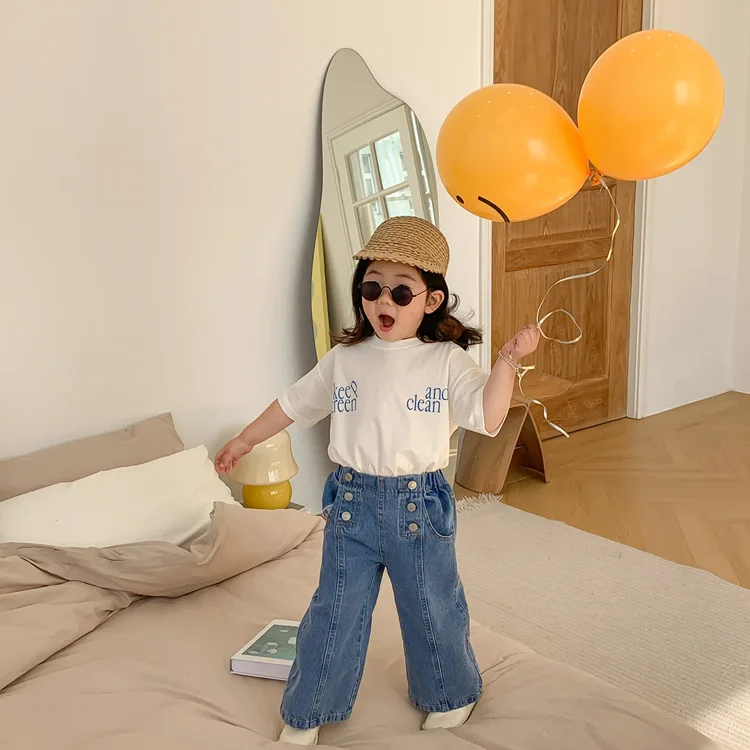 

1022D Korean Baby Girl Jeans Children Clothes Denim Pants Spring 2022 Fashion Girl's Wide Leg Pants Boy Loose Pants Trousers