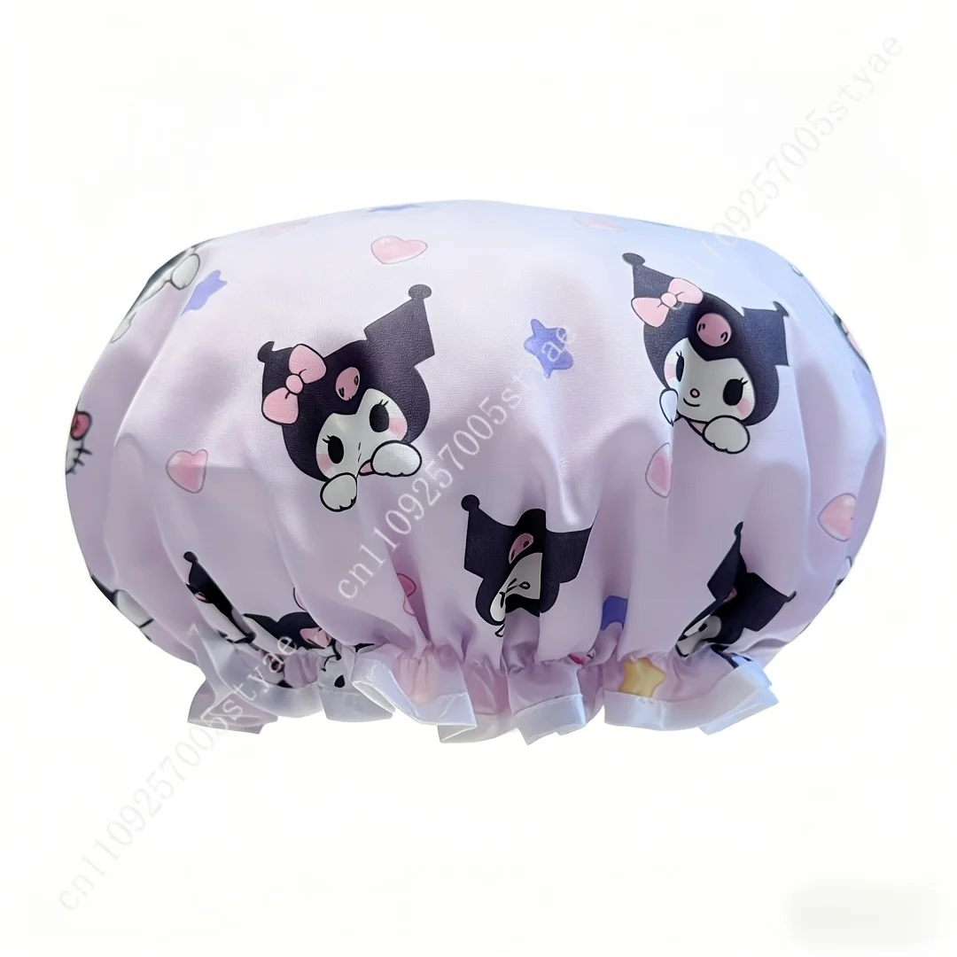 Фото Шапочка для душа Sanrio Kuromi, высококачественная, утолщенная, двухслойная, с мультяшным рисунком в виде сердечек и звезд, для женщин, для домашнего использования №4