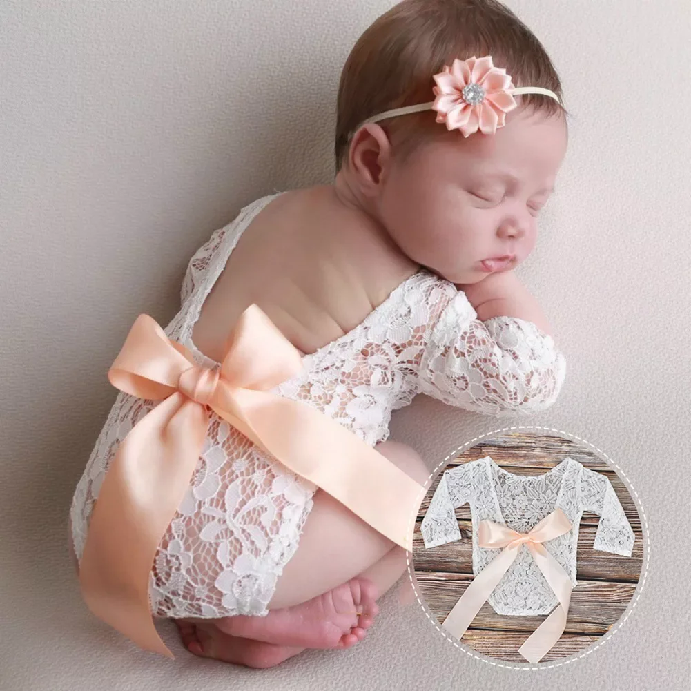 

Backless Newborn Romper Photo Photograph Props Deep V Baby Lace Toddler Hollow Bow-knot Design Fotografia Accessories