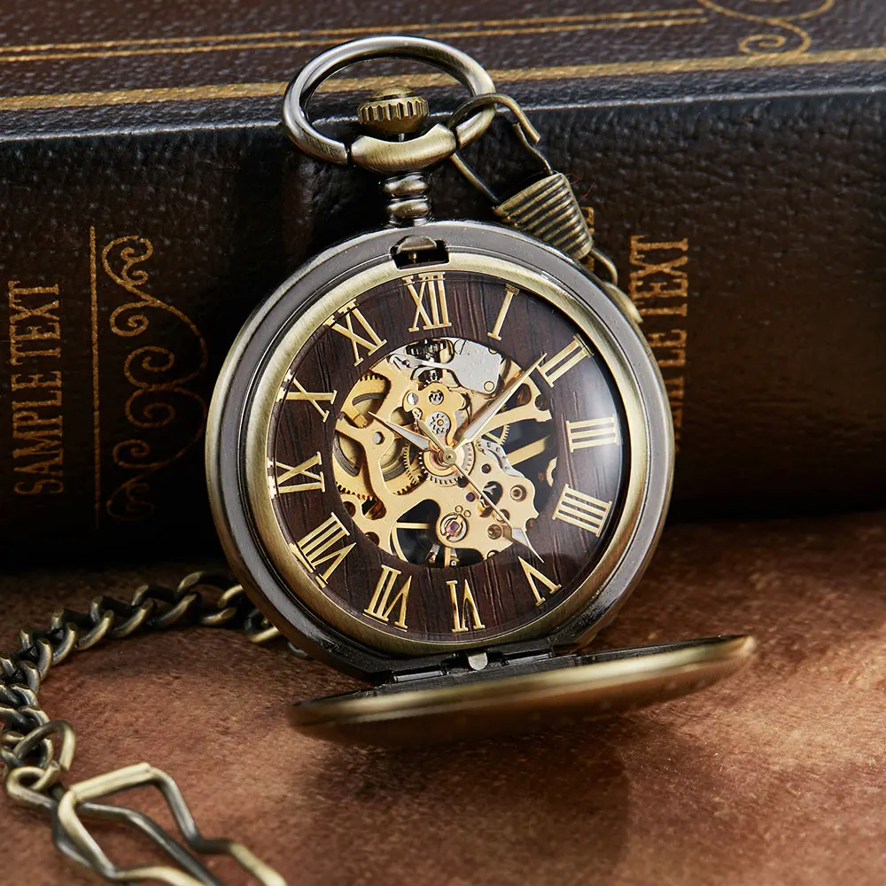 Vintage Retro Steampunk Mechanical Pocket Watch Men Hollow Skeleton Roman Dial Pocket FOB Watch Chain Male Clock Hand Wind