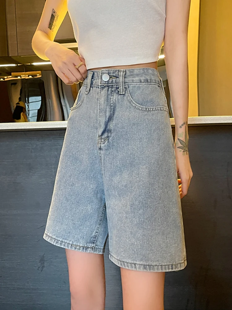 Streetwear Women High Waist Loose Denim Shorts Spring Summer Female Wide Leg Button Retro Jeans Shorts Bottoms