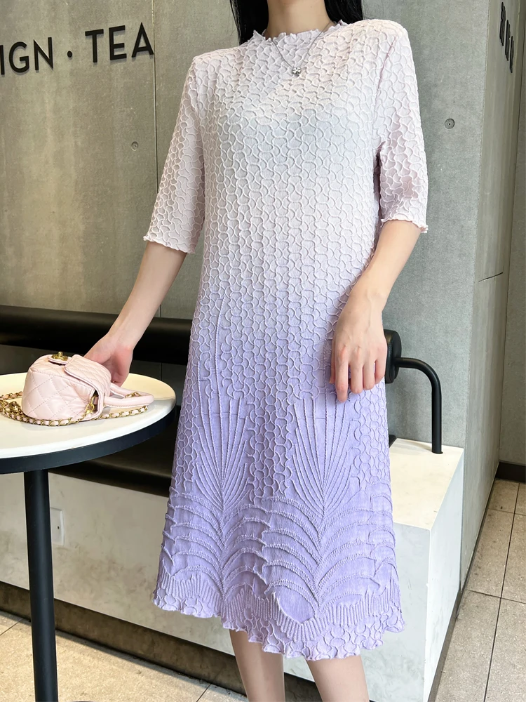 

Women's Thin Gradient A-Line Dresses for Summer 2022 Miyak folds Fashion Loose Large Size Temperament Stand Collar Party Dress