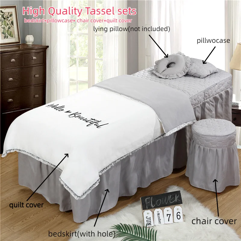 

Hello Beautiful 4pcs Tassle Bedding Sets for Beauty Salon Massage Spa Use Embroidery Bedskirt Duvet Pillow Chair Cover Sets