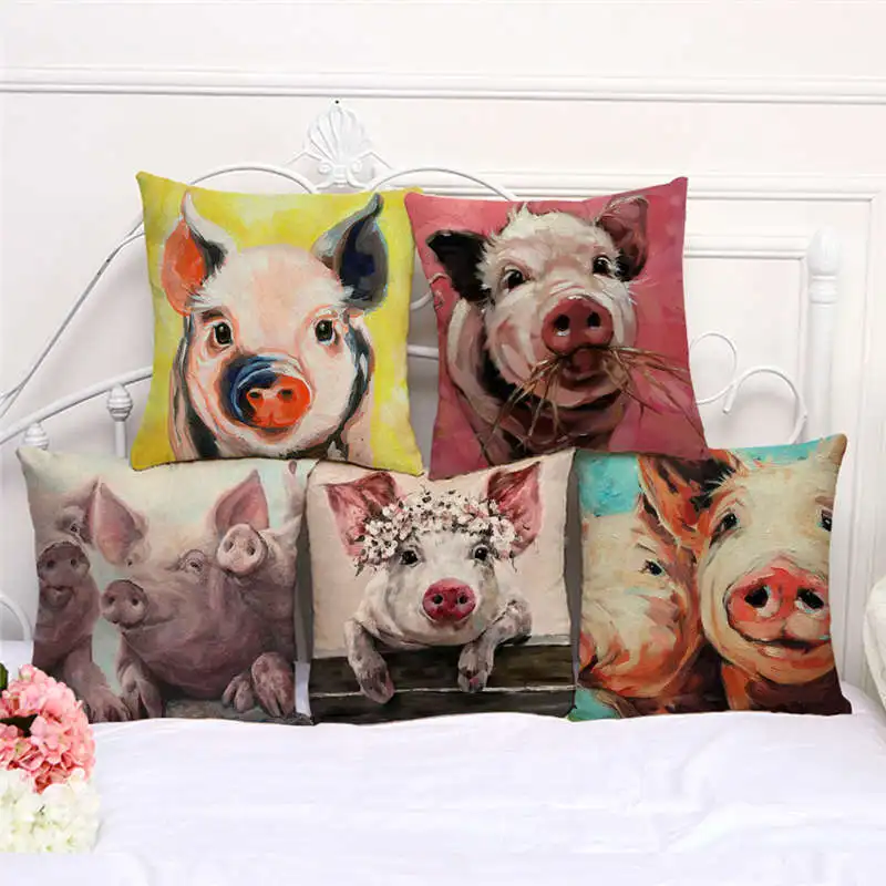 

2022 High Sale Oil Painting Pillow Cases Pink Pig Cushion Cover Gouache Painting PETS FOR Autumn Decoration Sofa Cover