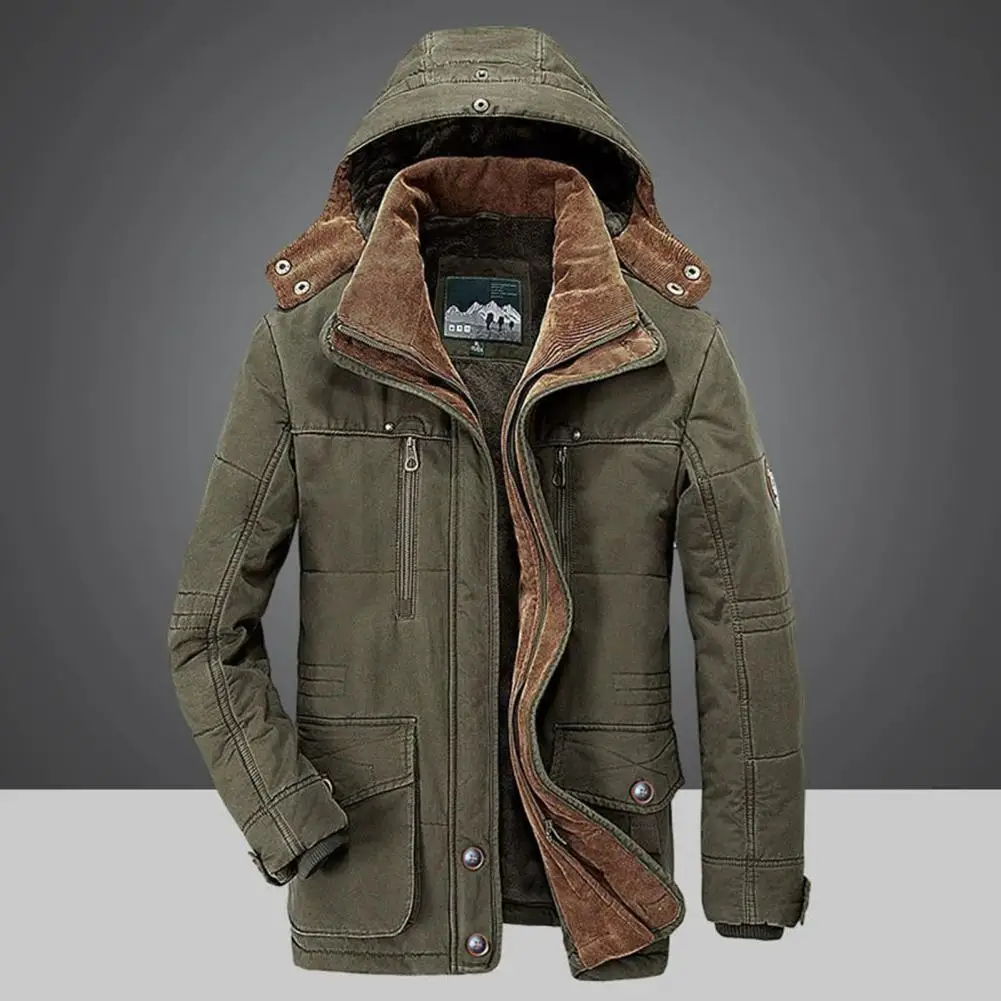 Men Coat Long Sleeve Winter Zipper Vintage Detachable Hood Parkas   Men Parkas  for Daily Wear