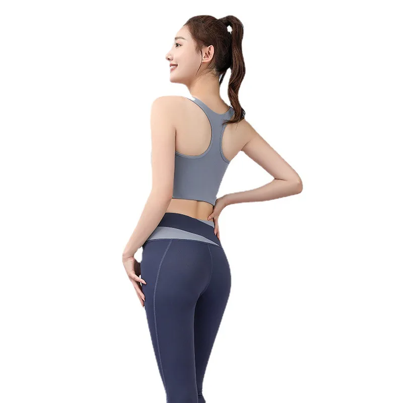 Contrast color high-waisted belly yoga clothes shock-proof leggings tight-fitting hip-lifting nude sports shorts trousers suit