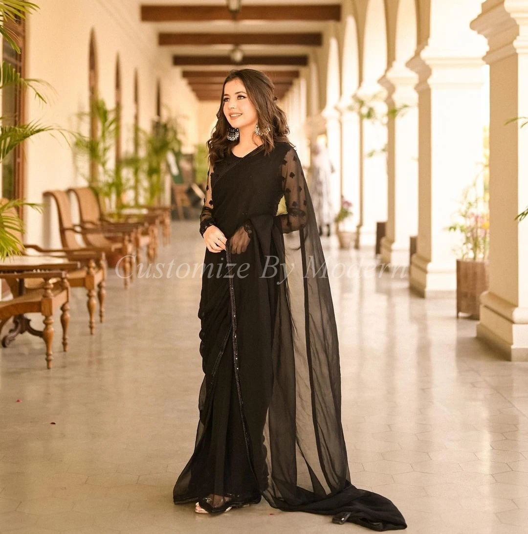 

Black Chiffon Long Sleeves Prom Dresses Sheath O-Neck Floor Length Saudi Arabic Women Prom Gowns Formal Party Dress
