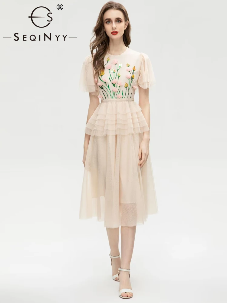 

SEQINYY Elegant Midi Dress Summer Spring New Fashion Design Women Runway High Street Sequined Embroidery Appliques Ruffles