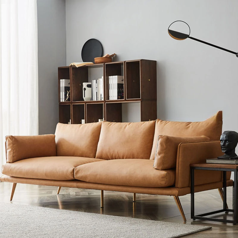 

Italian minimalist leather living room modern simple Nordic expression half repose doctrine first layer cove leather sofa