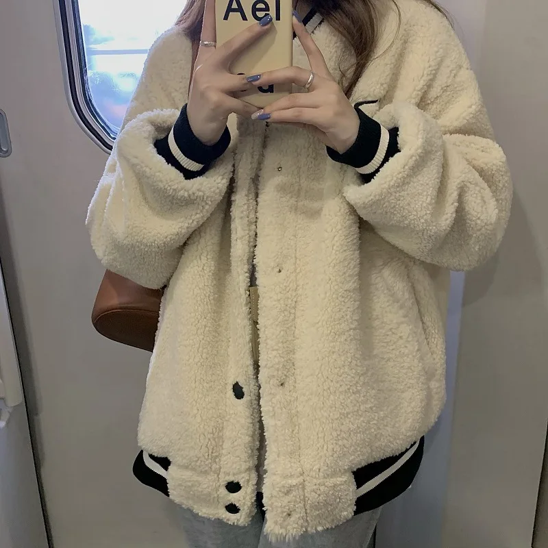 Sweet Girl 2023 New Lamb Wool Quilted Baseball Uniform Jacket Female Autumn and Winter Korean Loose Warm Thick Furry Jacket