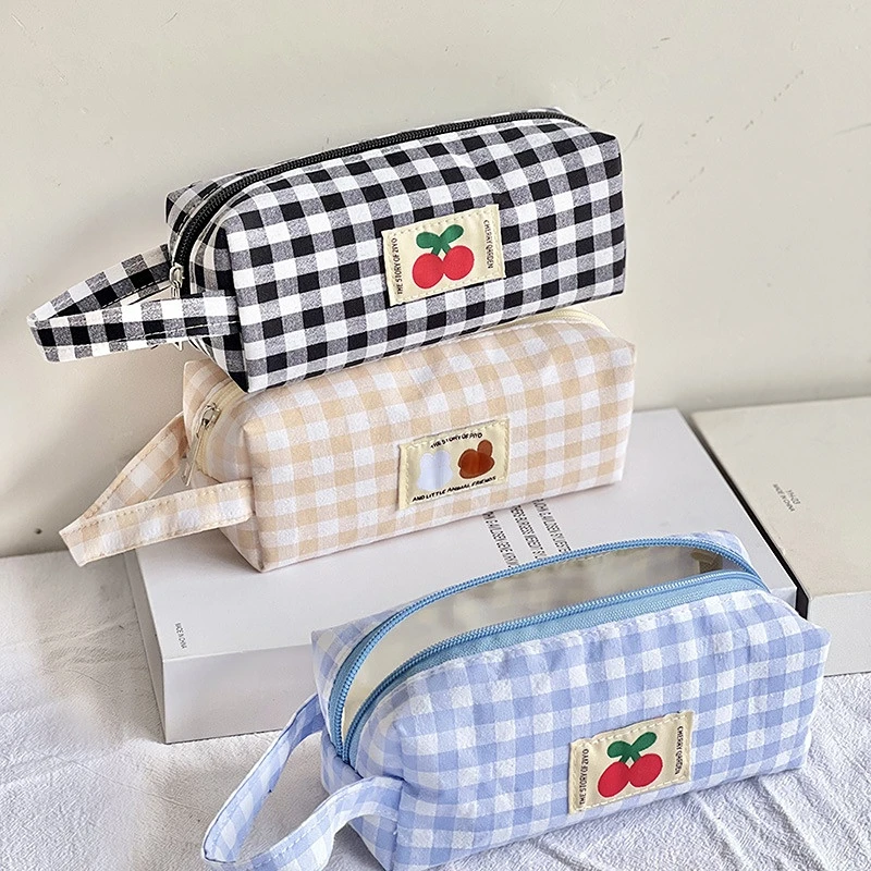 

Girl Plaid Large Capacity Pencil Bag Stationary Holder Makeup Storage Bag Student Girl Zipper Pencil Pouch School Supplies