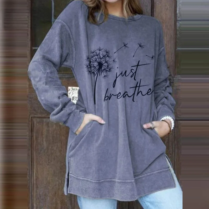 

Fashion Autumn Dandelion Print O Neck Long Sleeves Tops Casual Split Sport Streetwear T-shirts Vintage Elegant Women's Pullover