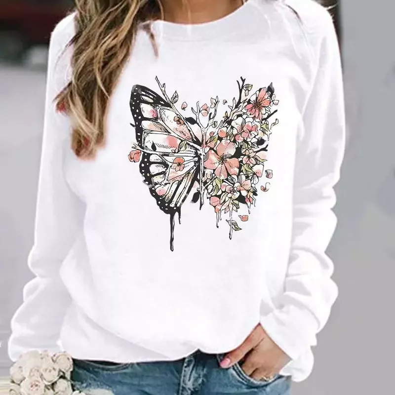 New in Womens Clothing Ladies Spring Autumn Winter Hoodies Flower Wing Flower 90s Woman Female O-neck Casual Sweatshirts jackets