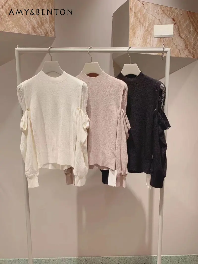 

women's sweater Autumn Winter Japanese Style Pullover Sweater Sweet Lace Patchwork Cold-Shoulder Hollow Sweater Top