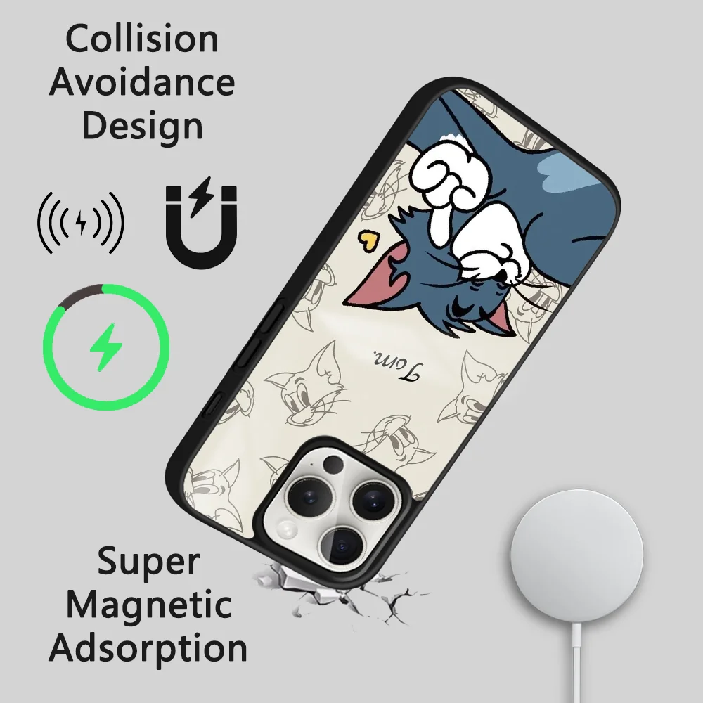 T-Tom And J-Jerry Cartoon Phone Case For iPhone 16 15 14 13 12 11 Pro Max Plus Mini Magsafe Mirror Wireless Magnetic Cover