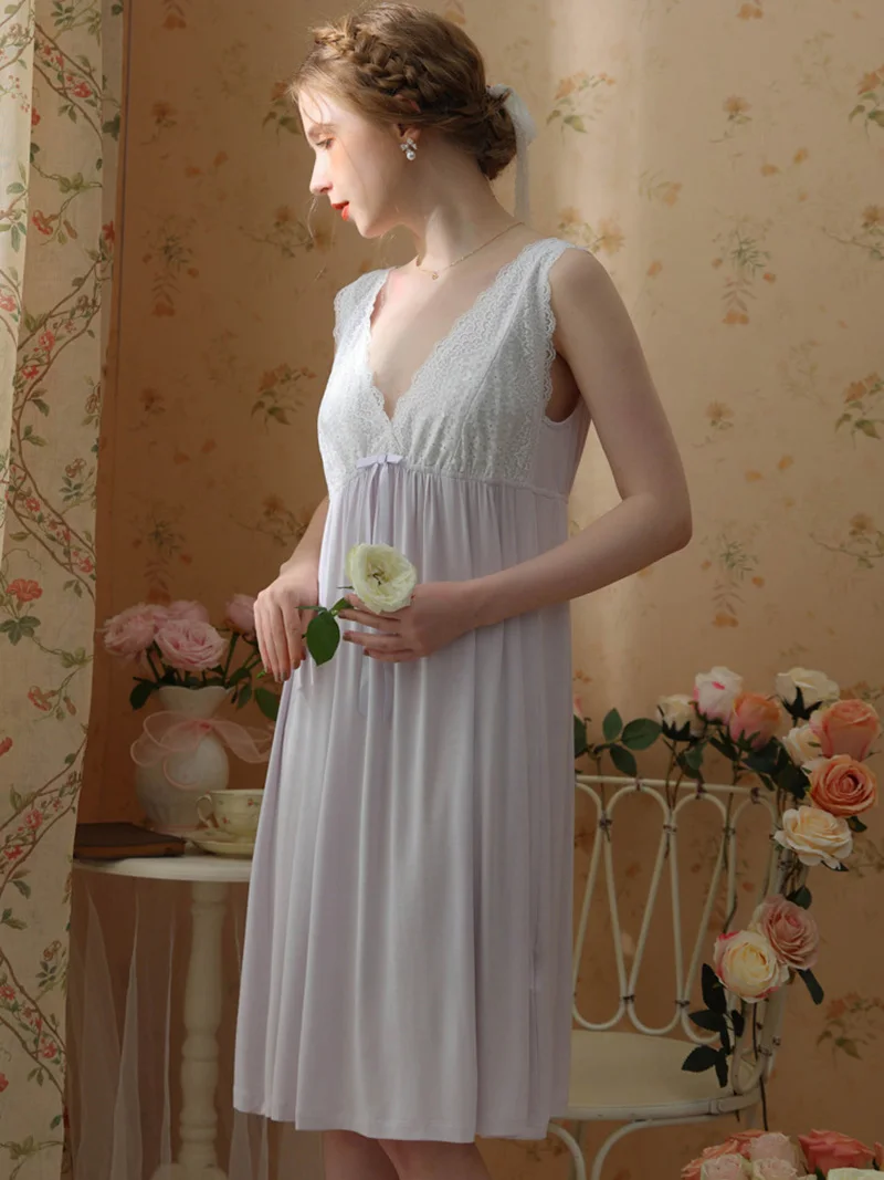 Women Spring Summer Sleepwear Sexy Lace Crop Sleeveless Nightdress Modal Fairy V-neck Princess Pajamas Victorian Nightgowns