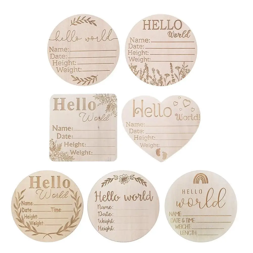 Hello World Birth Announcement Sign Wood Milestone Card Baby Growth Recording Cards Baby Photography Props Birth Cards