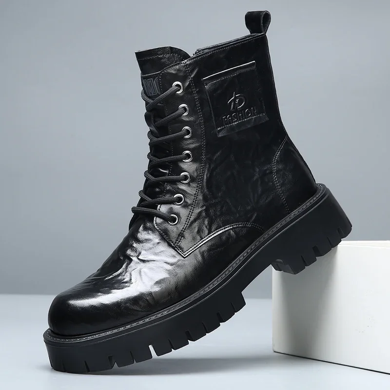 Элегантные простые мужские кожаные ботинки на платформе с высоким берцем и