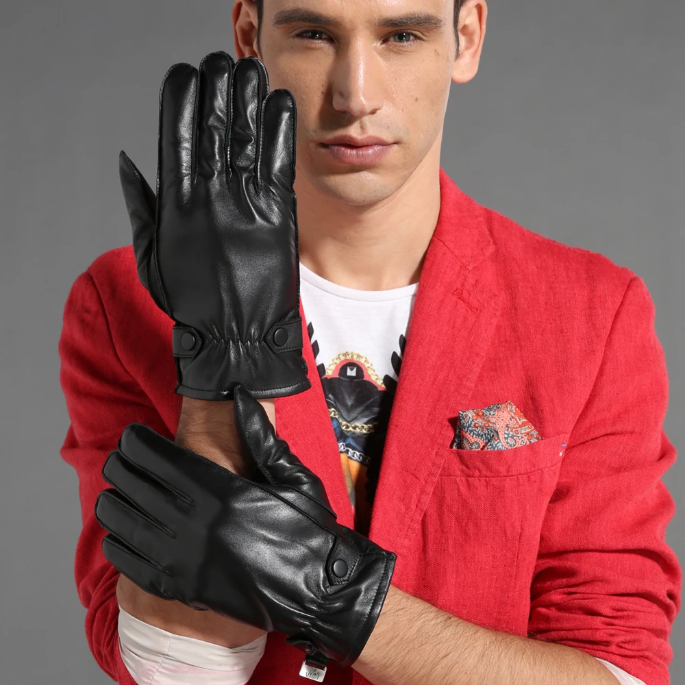 

GOURS Winter Real Leather Gloves Men Black Genuine Goatskin Gloves Fleece Lining Warm Driving Fashion Button New Arrival GSM033