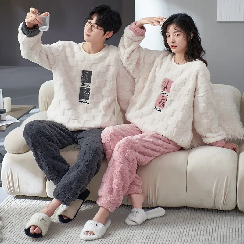 Новинка 2024 зимний пижамный комплект для пары женский теплый флис кораллового