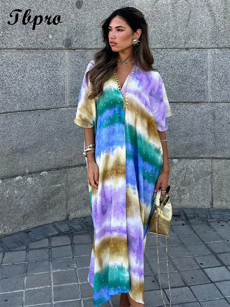 

Fashion Colorful Stripe Tie Dye Midi Dress Women Elegant V Neck Short Sleeve Loose Vestidos Summer Chic Female Streetwear