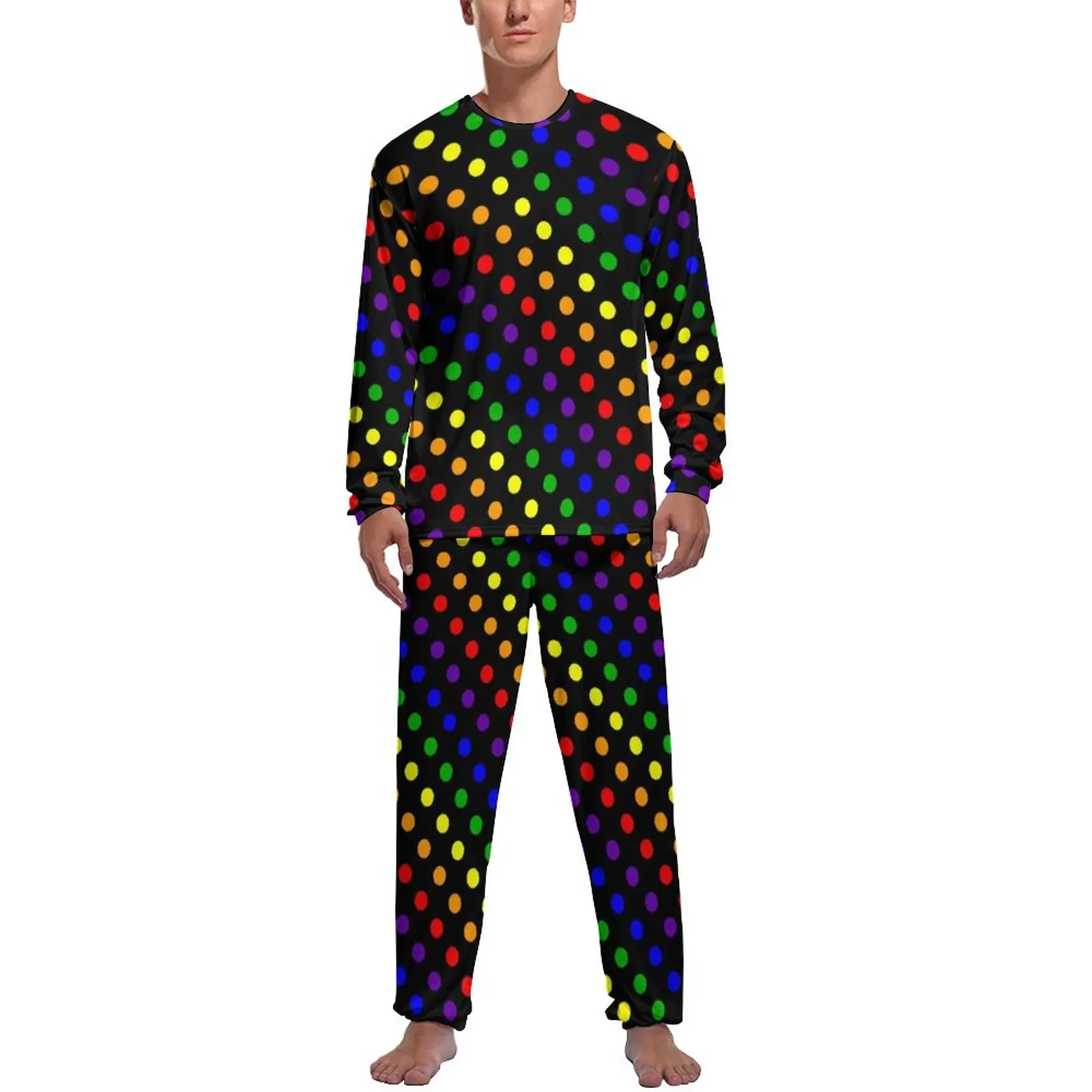 Colorful Polka Dot Pajamas Man Abstract Rainbow Retro Home Suit Autumn Long Sleeves Two Piece Bedroom Pattern Pajamas Set