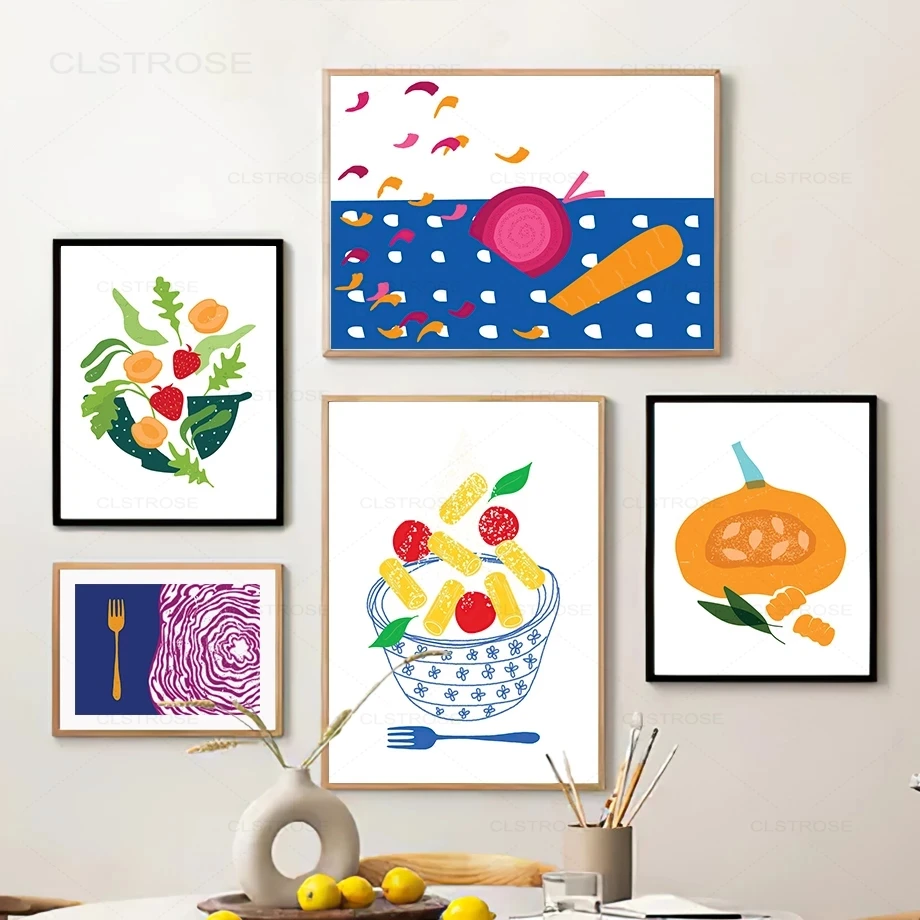 Cartoon Vagetable Kitchen Decor Poster Color Carrot Pumpkin Asparagus Peach Tomato Wall Art Canvas Painting Nordic Pictures |