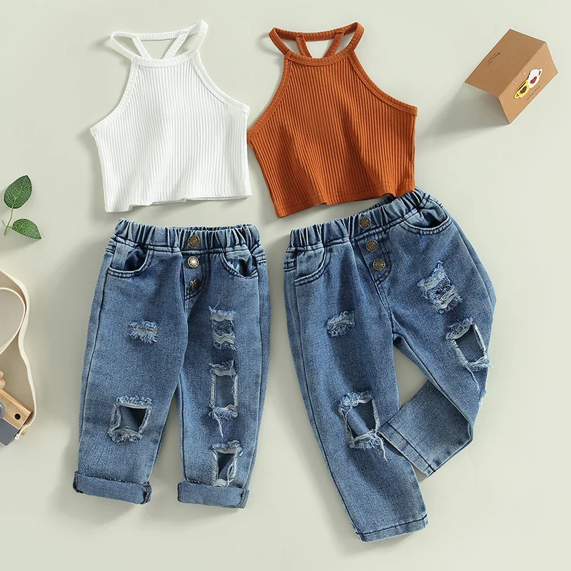 

Baby Girls Clothes Summer Fashion 2Pcs Cross Back Vest and Elastic Waist Ripped Jeans Long Pants Set