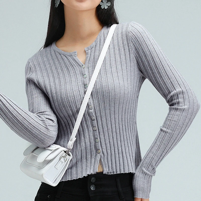 Женский вязаный кардиган с длинным рукавом повседневный облегающий круглым