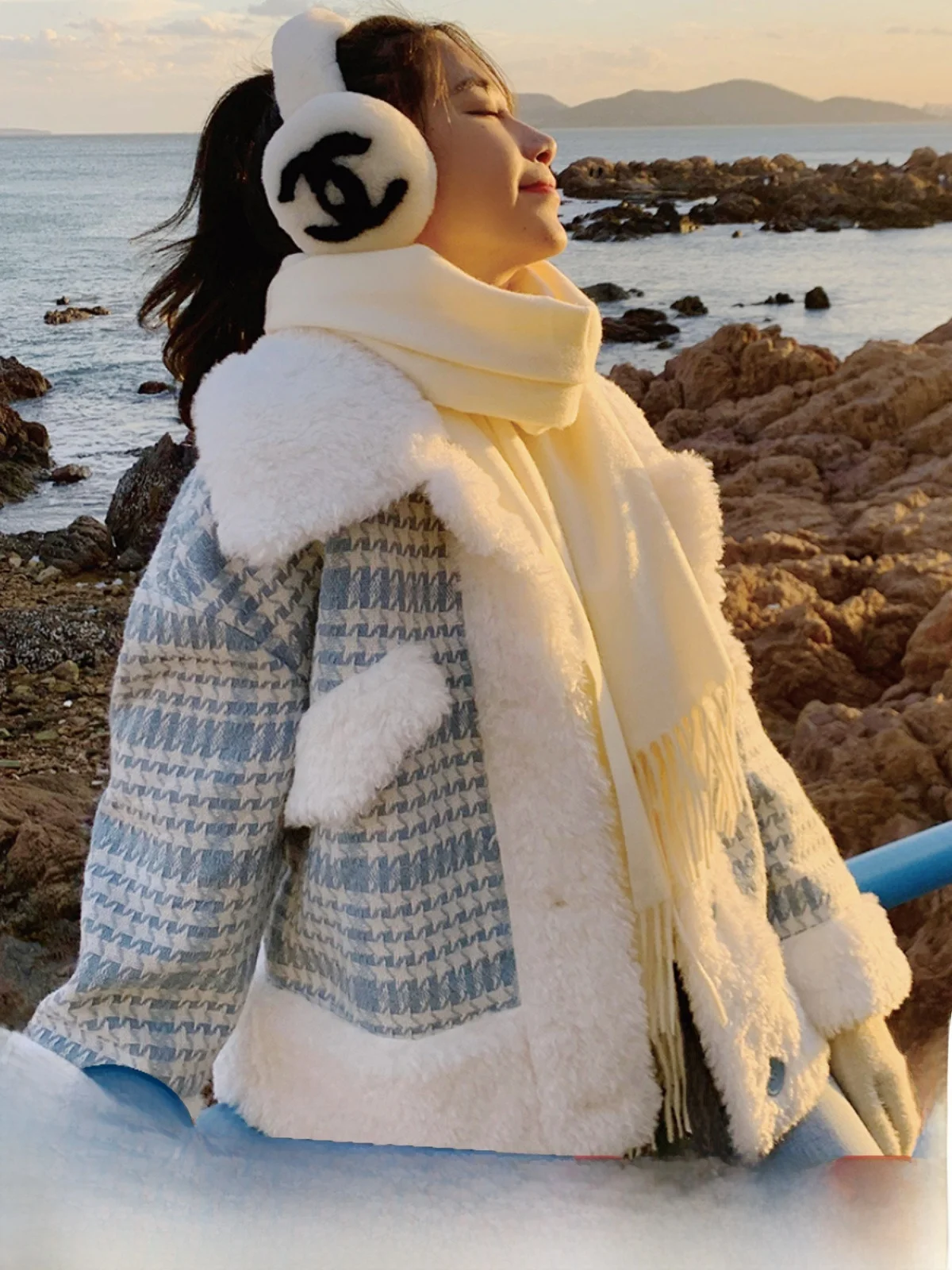 Женская шерстяная куртка из овечьей шерсти с узором гусиные лапки зима 2023 новое