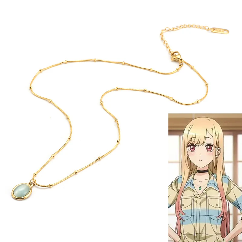 

Anime My Dress-Up Darling Necklace Cute Kitagawa Marin Green Metal Pendant Cosplay Props Gold Chain Necklace Jewelry Friend Gift