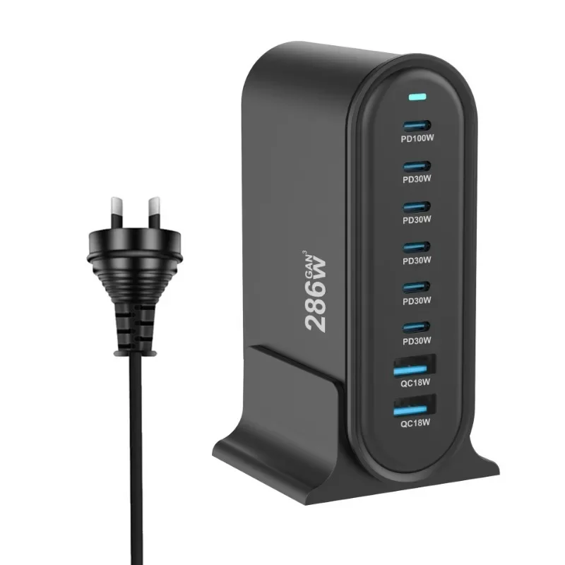 286 Вт Настольное зарядное устройство GaN 8-портовое USB Type C PD Fast Charge 3.0 100 PPS Быстрое