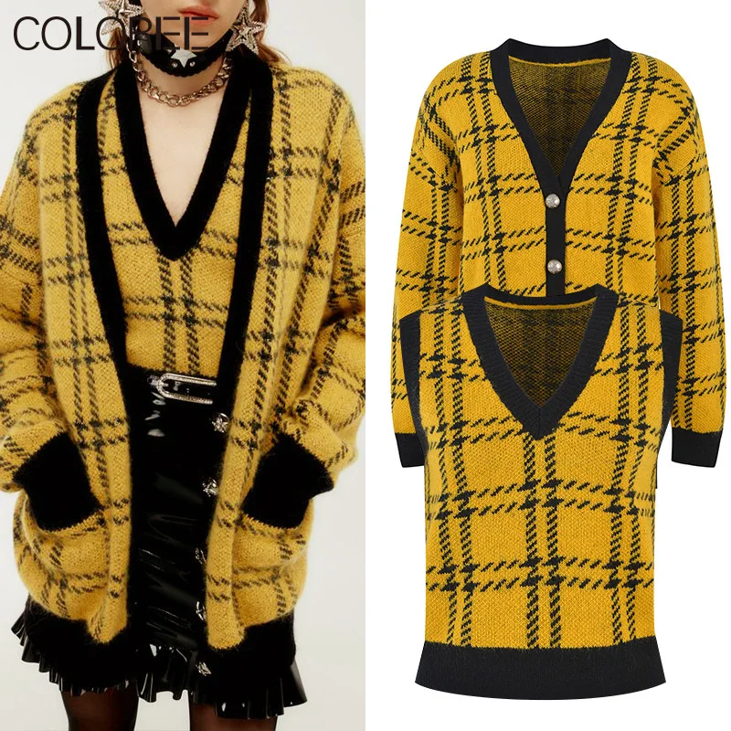 

Женский винтажный кардиган в клетку, желтый элегантный Трикотажный Свитер оверсайз с V-образным вырезом, одежда для осени и зимы