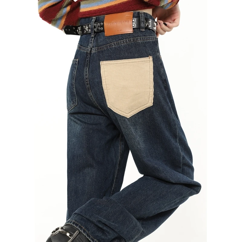 

Женские синие джинсы контрастных цветов, американская мода, уличная одежда, стильные джинсы с широкими штанинами, Женские Мешковатые брюки,...