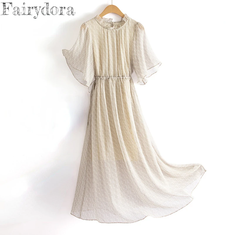 

2022 Summer Dress for Women 100% Mulberry Silk Fabric Viscose Lining Edible Tree Fungus Stand Collar Elastic Waist Bodycon Dress