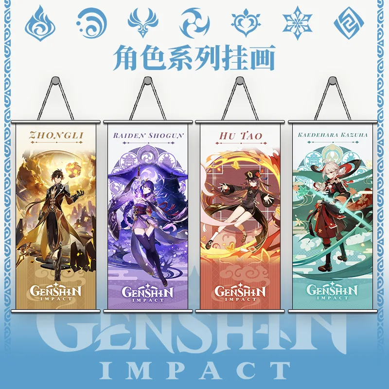 

Genshin Impact Game Figure Xiao Kazuha HuTao Raiden Shogun Venti Zhongli Ganyu Diluc 74*35cm Comic Con Poster Hanging Painting