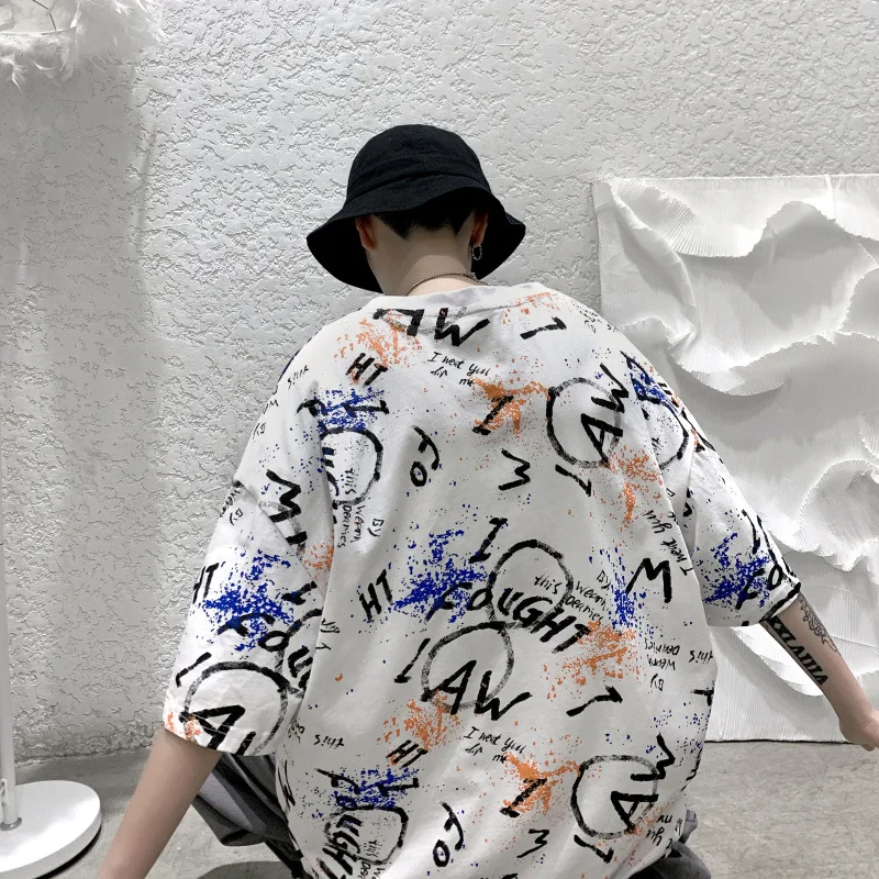 Graffiti T-shirt Men's Short-sleeved Tide Brand Five-point Sleeve Summer Ins Half-sleeve Harajuku Style Loose Clothes